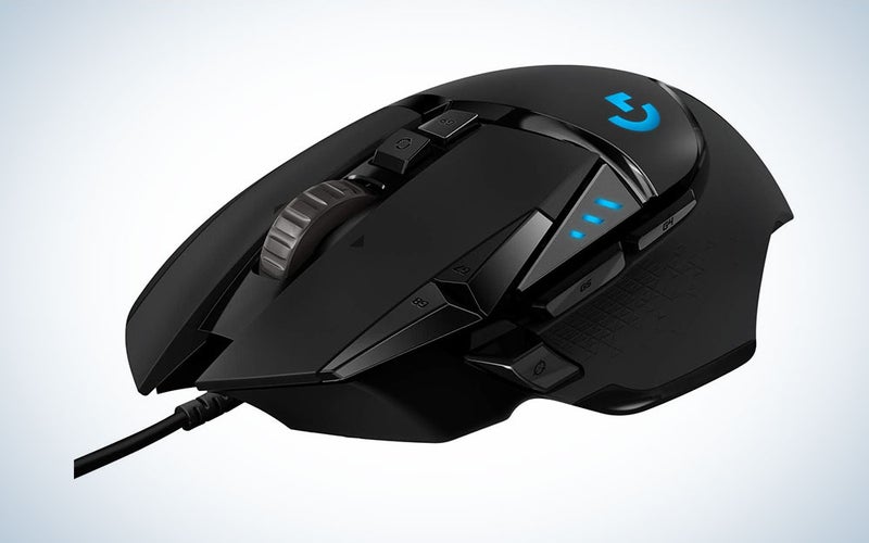 Logitech G502 gaming mouse on a plain background